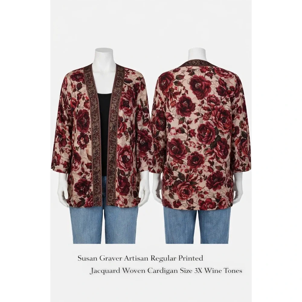 Susan Graver Artisan Wine‎ Floral Jacquard Beaded Trim Open Cardigan Plus 3X